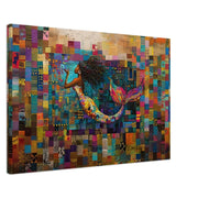 Afrocentric mermaid black art canvas featuring a vibrant quilt design, perfect as african american wall art.
