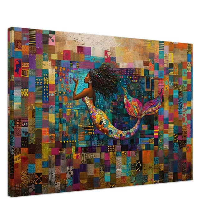 Afrocentric mermaid black art canvas featuring a vibrant quilt design, perfect as african american wall art.