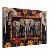 Colorful elephants adorned with floral patterns, showcasing vibrant African American wall art on canvas.