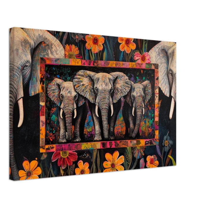 Colorful elephants adorned with floral patterns, showcasing vibrant African American wall art on canvas.