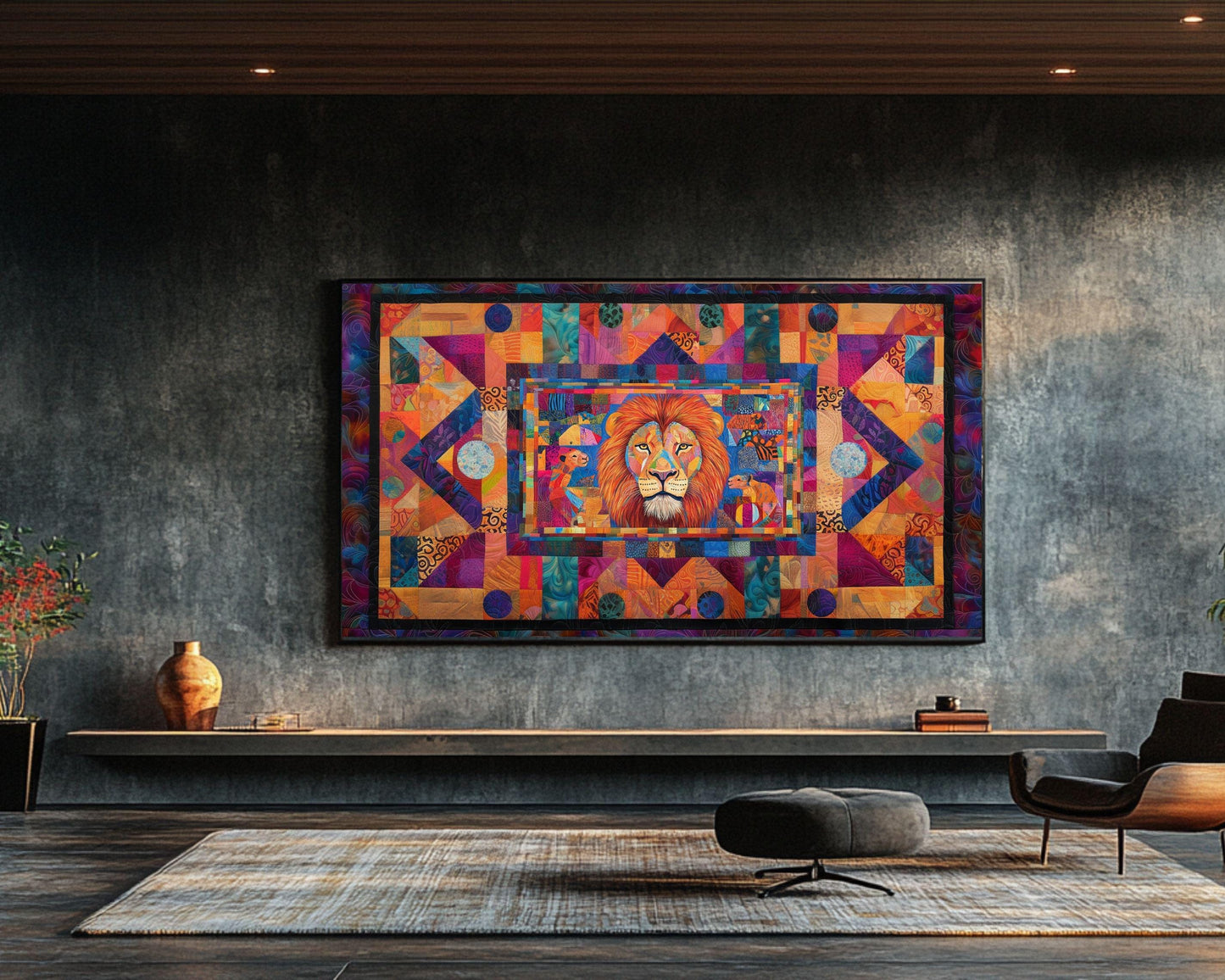 Lion Family Canvas Art | Vibrant Patchwork Safari Print