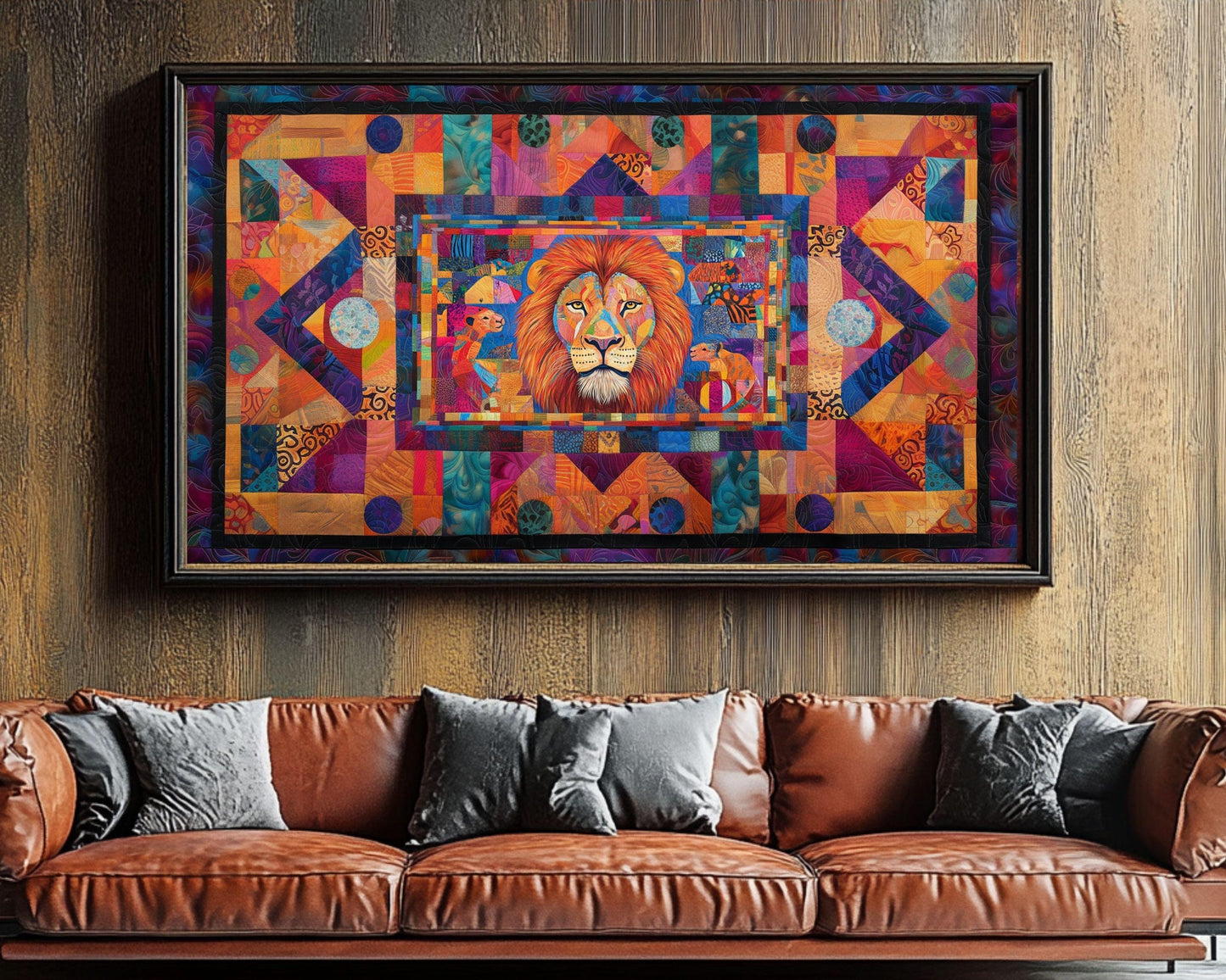 Lion Family Canvas Art | Vibrant Patchwork Safari Print