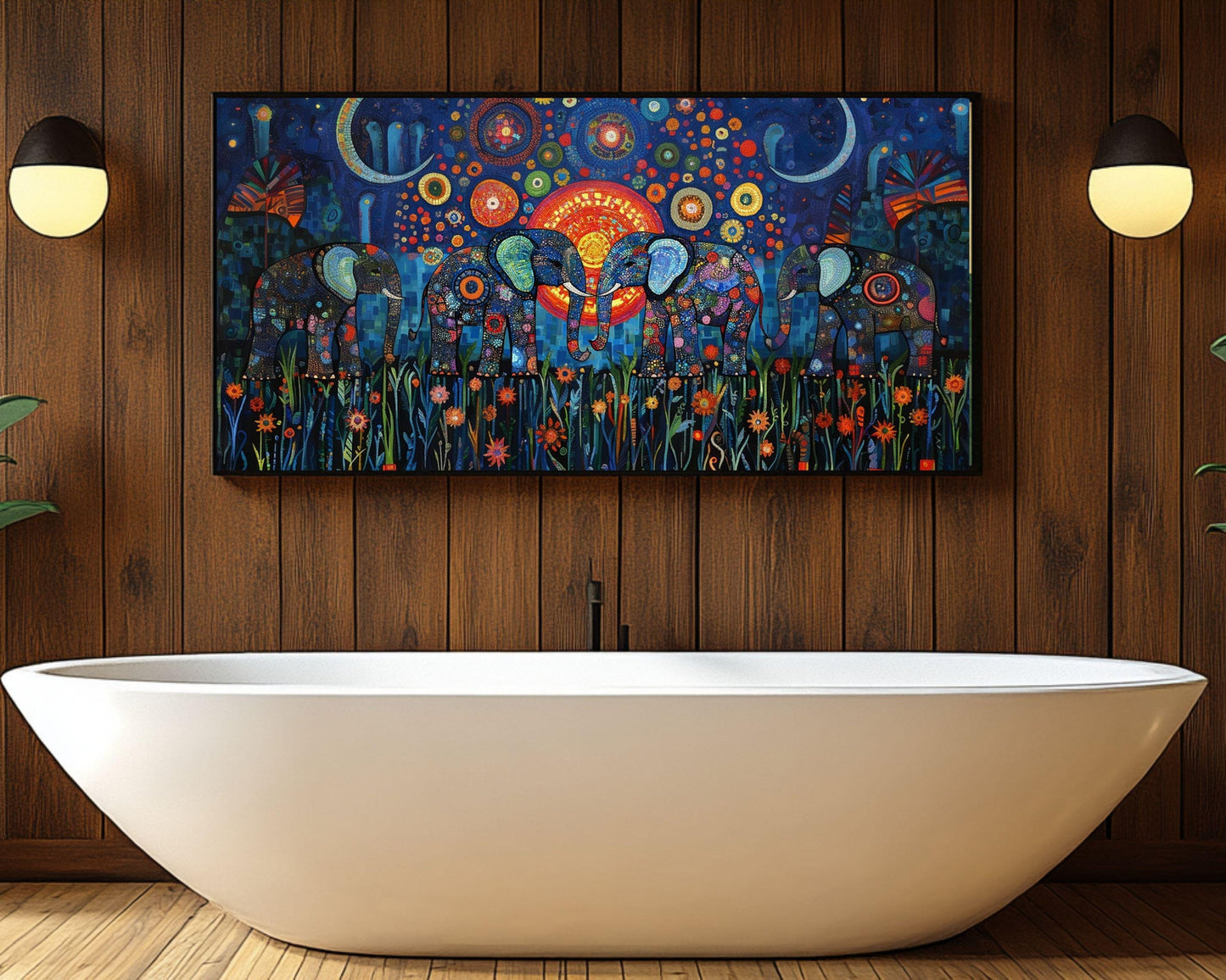 Elephant Mosaic Canvas Art | Vibrant Night Safari Design