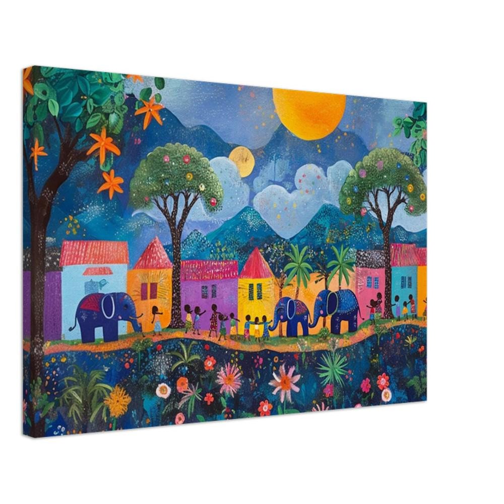Haitian Folk Art canvas featuring vibrant elephants in a village, perfect as unique African American wall art.