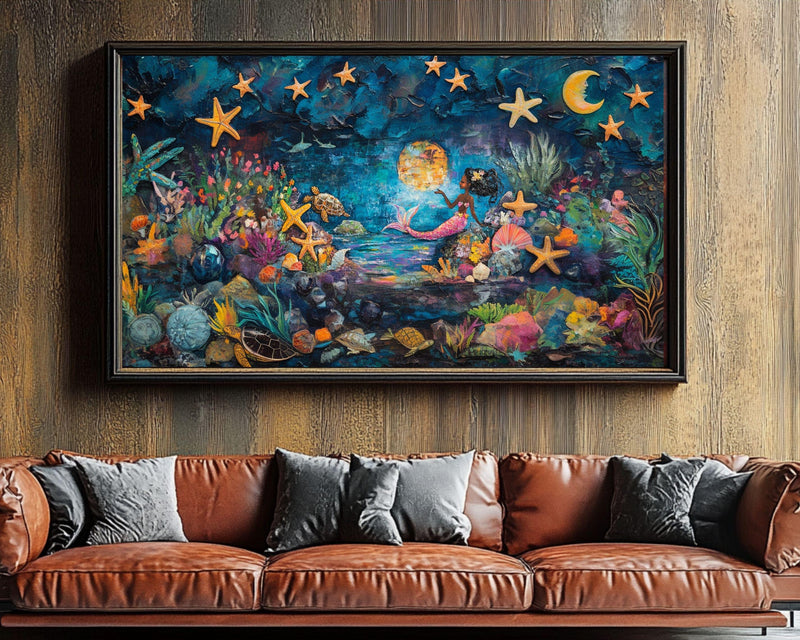 African American Art Mermaid at Moonlight