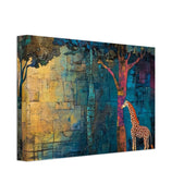 Giraffes abstract trees artwork, vibrant black art celebrating African American wall art.