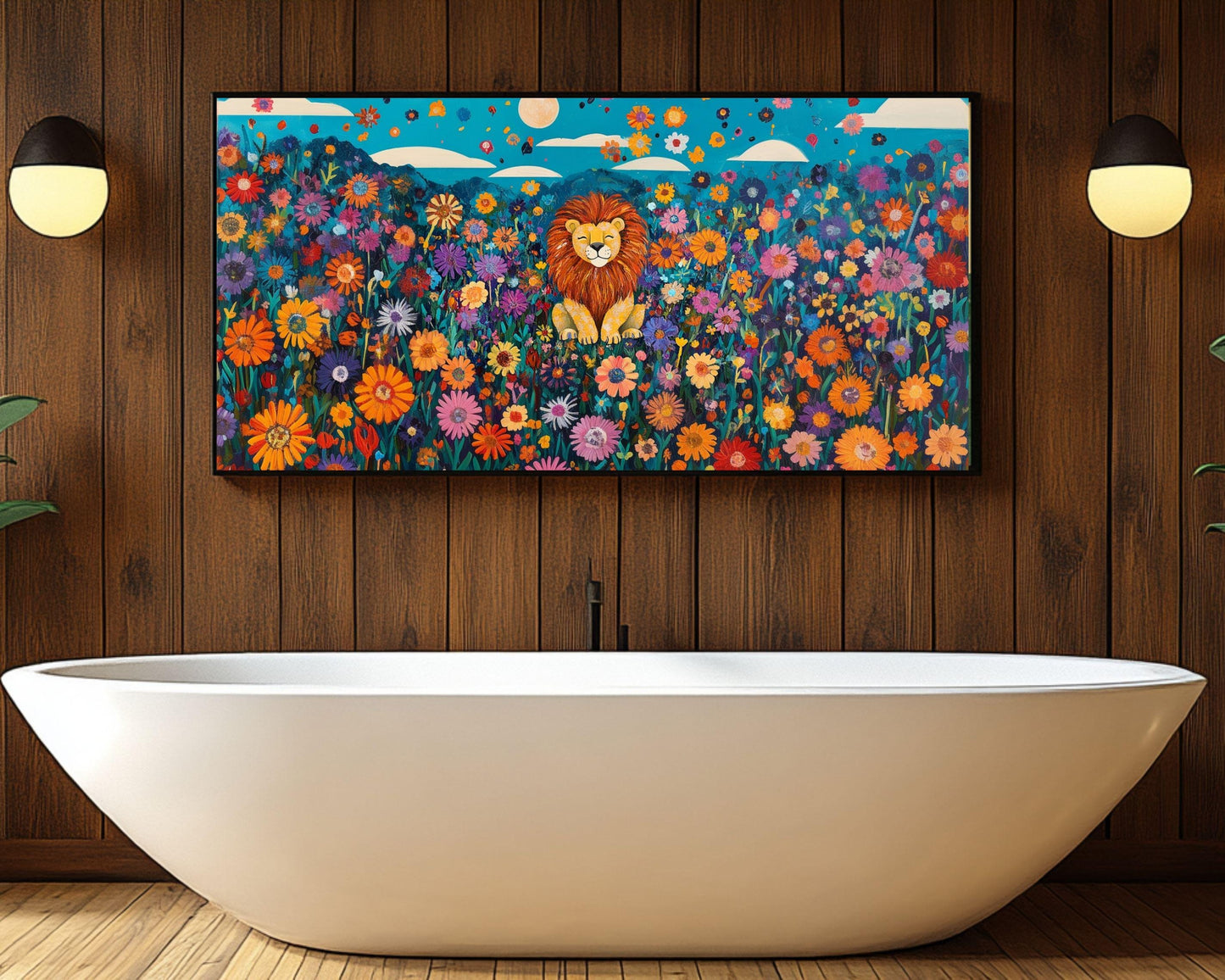 Happy Lion Canvas Print - Vibrant Floral Jungle Wall Art - Kids Art - Playroom or Nursery Décor