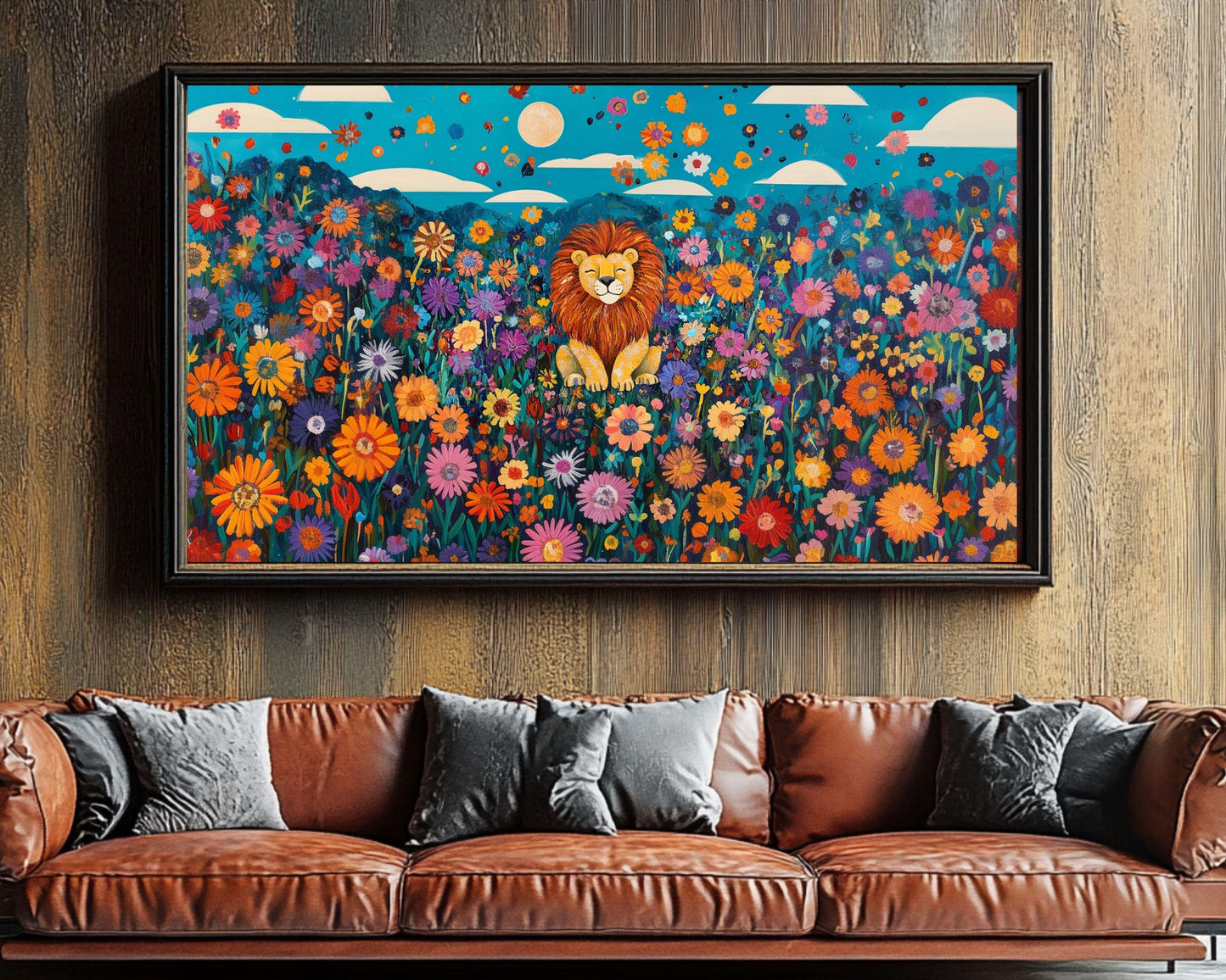 Happy Lion Canvas Print - Vibrant Floral Jungle Wall Art - Kids Art - Playroom or Nursery Décor