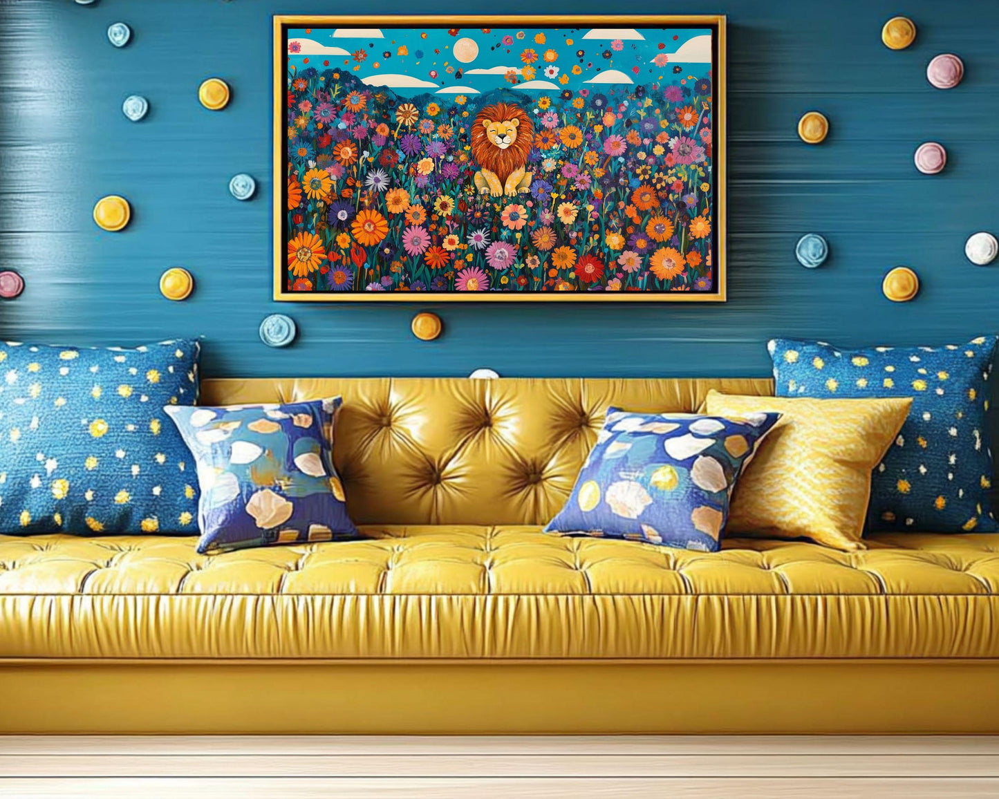 Happy Lion Canvas Print - Vibrant Floral Jungle Wall Art - Kids Art - Playroom or Nursery Décor