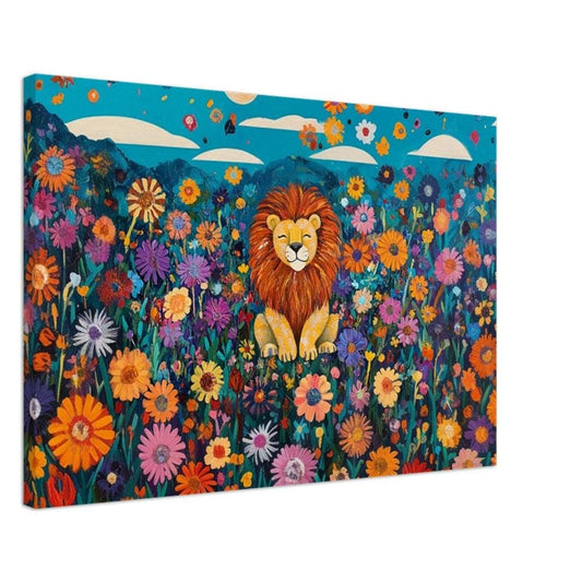 Happy Lion Canvas Print - Vibrant Floral Jungle Wall Art - Kids Art - Playroom or Nursery Décor