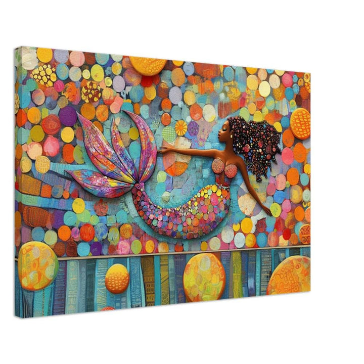 Colorful African-American mermaid canvas art, vibrant and eye-catching wall art for any decor.