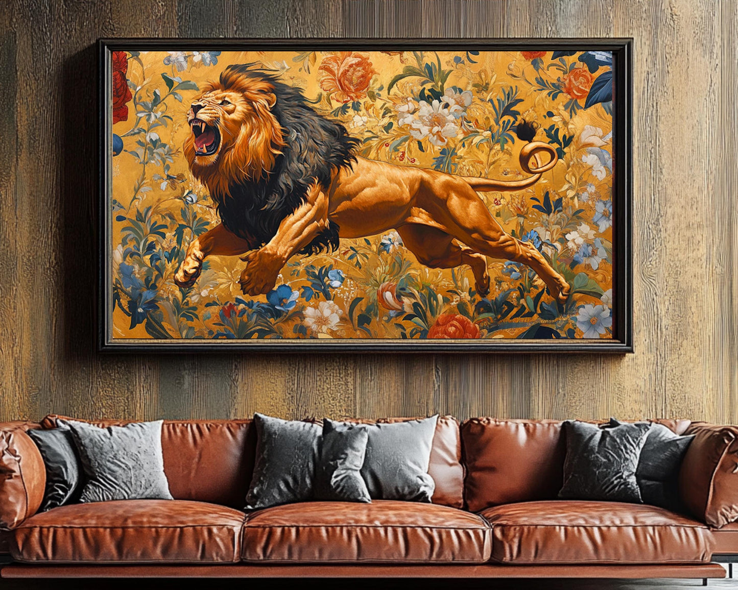 Majestic Lion Canvas Print - Regal Floral Wall Art - Living Room or Office Décor