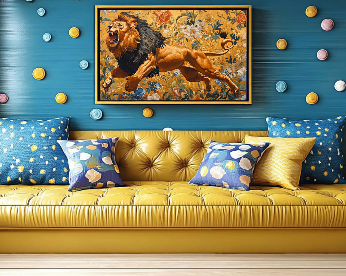 Majestic Lion Canvas Print - Regal Floral Wall Art - Living Room or Office Décor