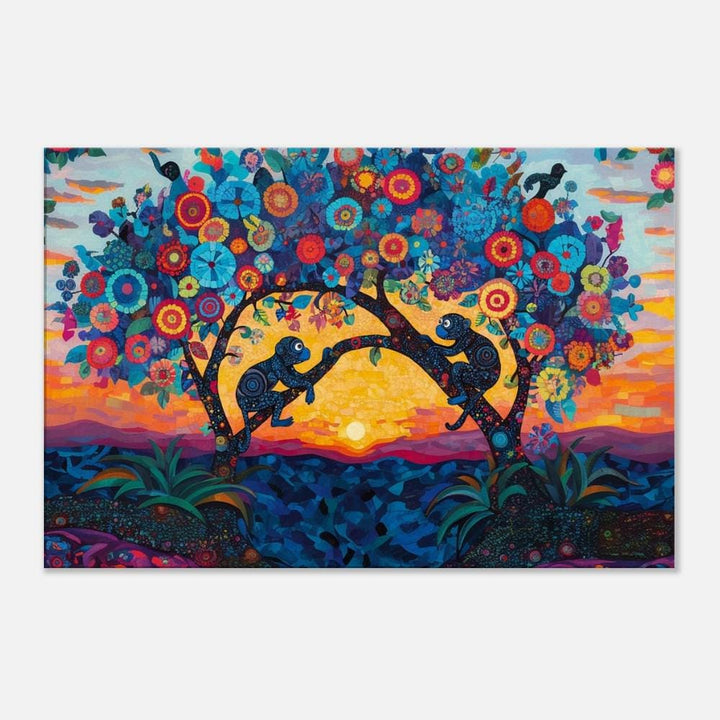 Playful monkeys against a vibrant sunset, showcasing unique African American wall art on canvas.