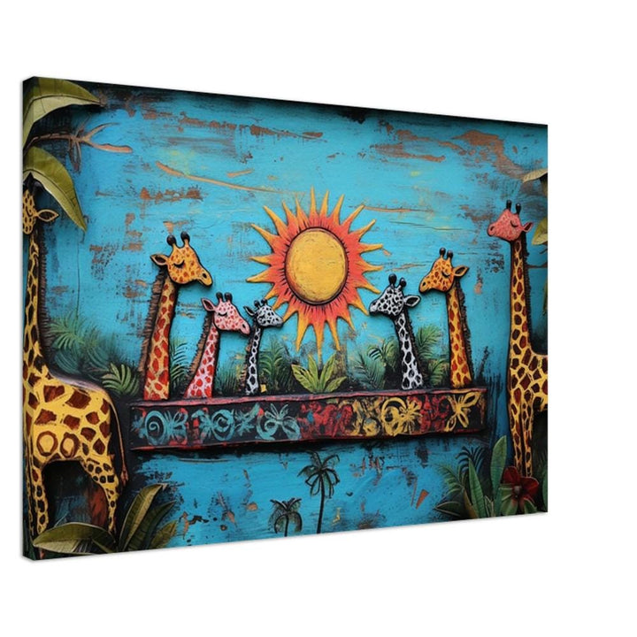 Colorful Haitian folk art featuring giraffes, perfect as vibrant African American wall art for any space.