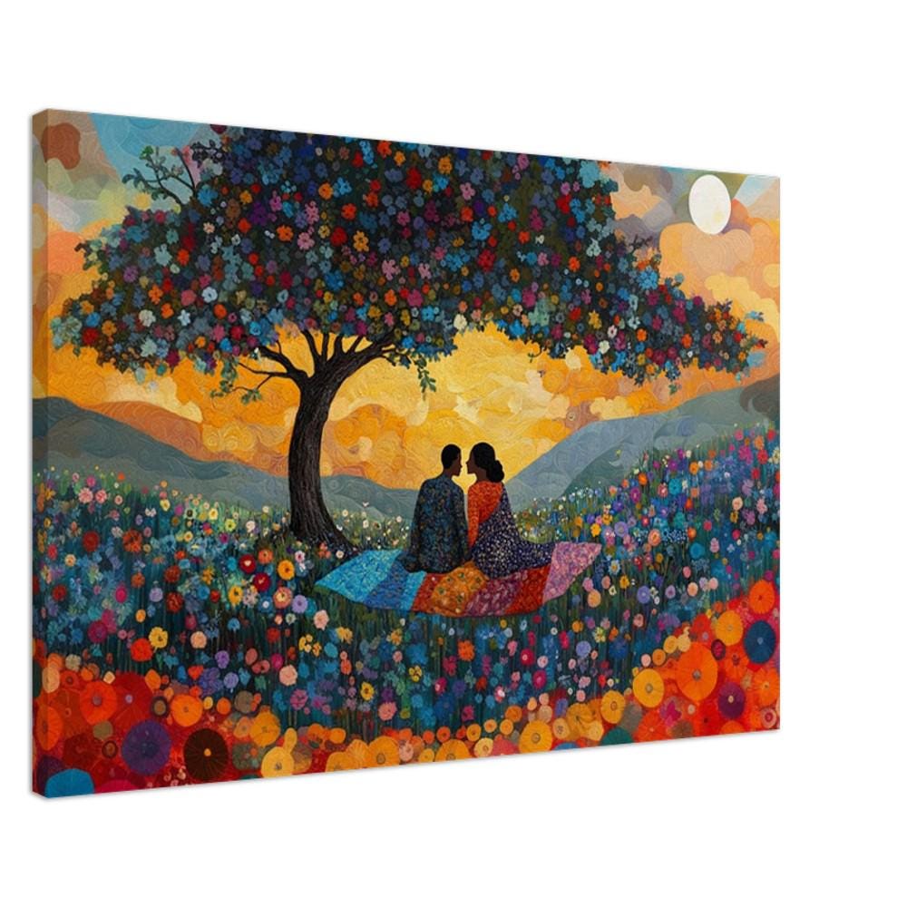 Romantic sunset picnic scene featuring African American figures, perfect as vibrant wall art or canvas art.