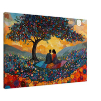 Romantic sunset picnic scene featuring African American figures, perfect as vibrant wall art or canvas art.