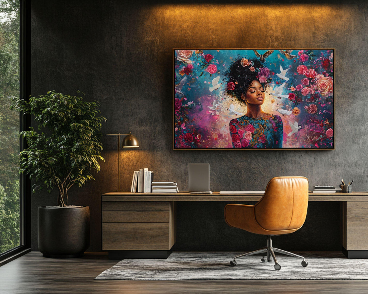 Harmonia Rosales Inspired Black Woman Canvas Art for Bedroom or Living Room, Floral Goddess Wall Decor, Valentine’s Day Gift