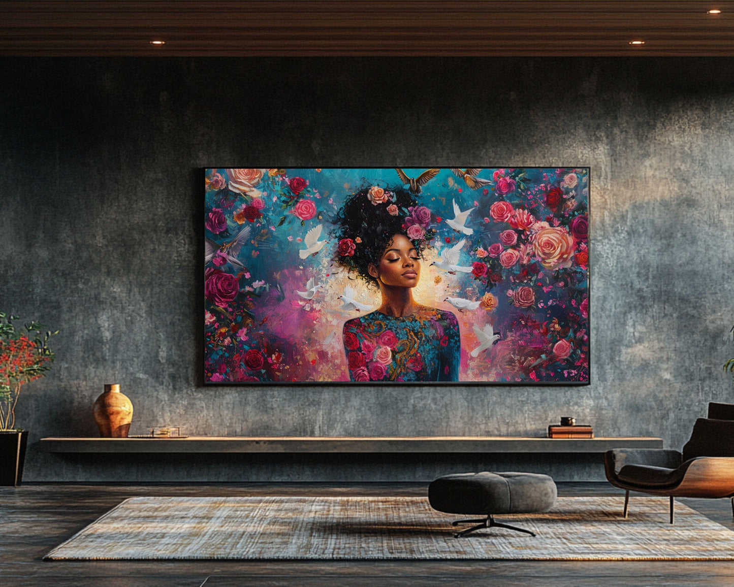 Harmonia Rosales Inspired Black Woman Canvas Art for Bedroom or Living Room, Floral Goddess Wall Decor, Valentine’s Day Gift