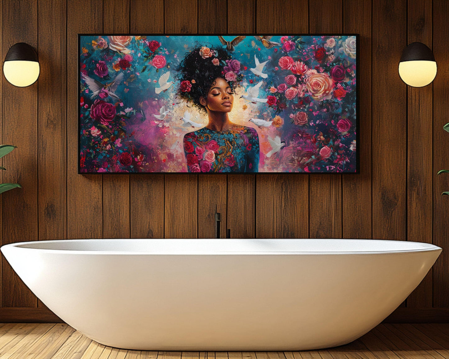 Harmonia Rosales Inspired Black Woman Canvas Art for Bedroom or Living Room, Floral Goddess Wall Decor, Valentine’s Day Gift