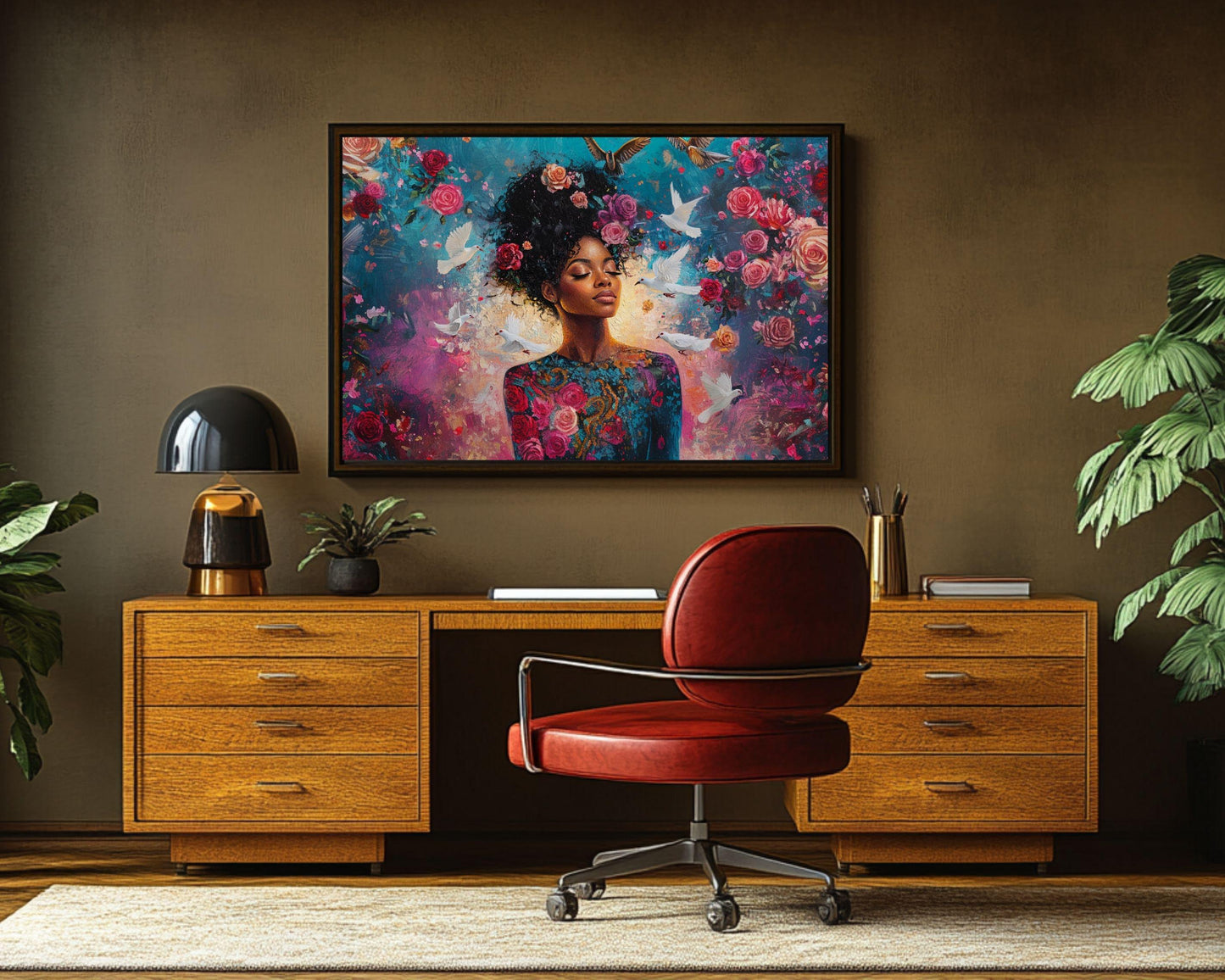 Harmonia Rosales Inspired Black Woman Canvas Art for Bedroom or Living Room, Floral Goddess Wall Decor, Valentine’s Day Gift