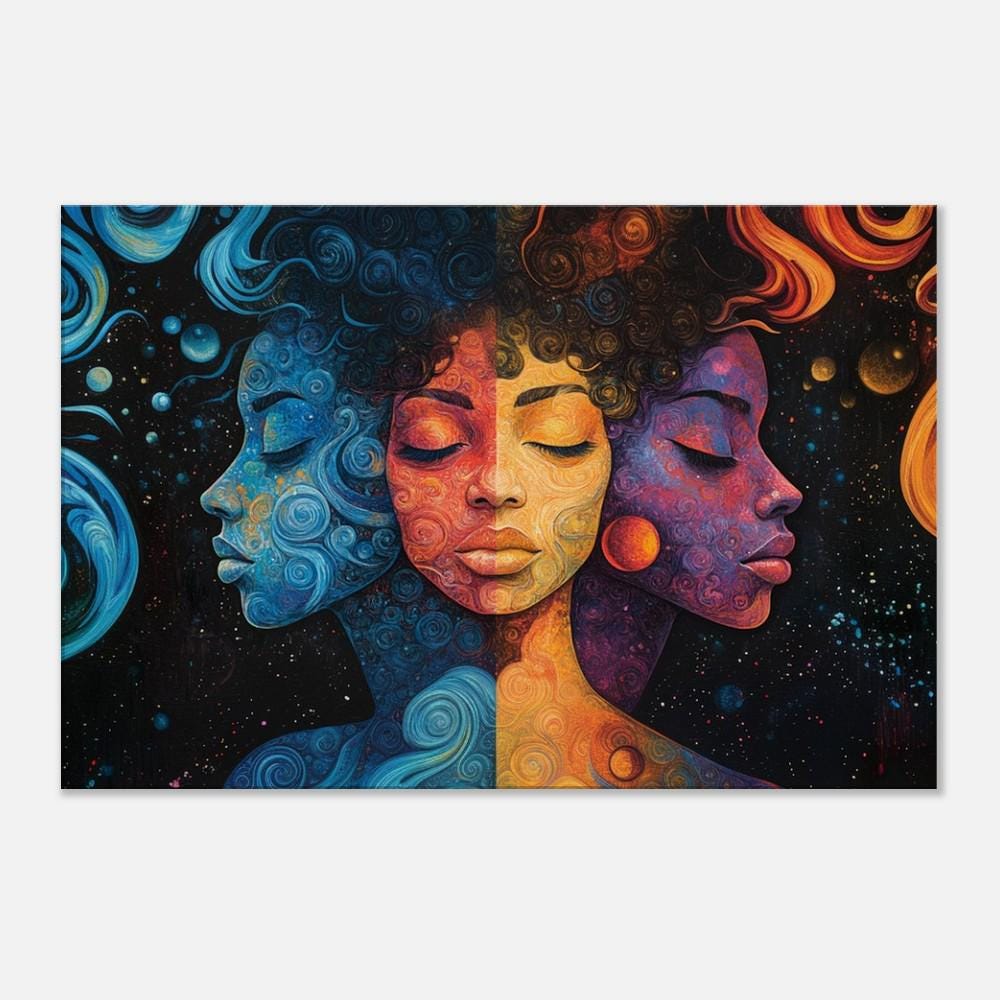 Cosmic Unity black art canvas featuring vibrant colors, celebrating African American culture and unity as stunning wall art.