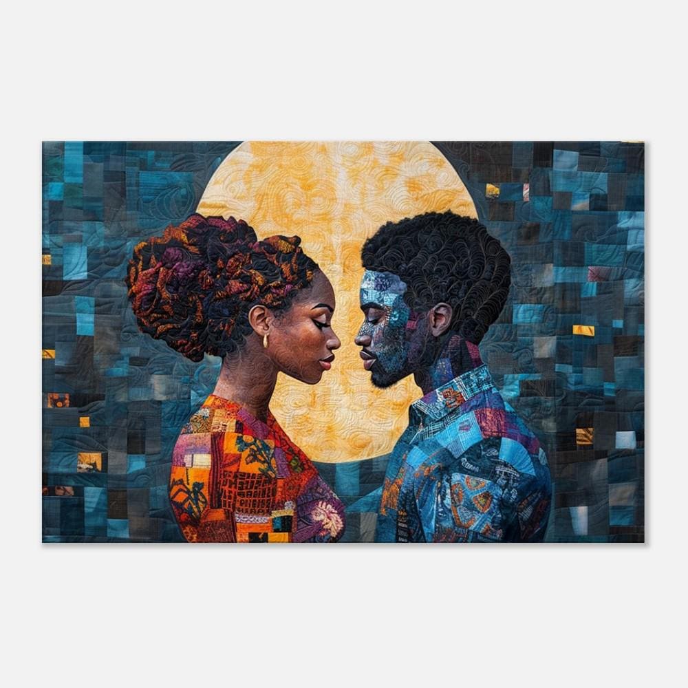 Quilted Black couple canvas art, showcasing love and connection in vibrant African American wall art.