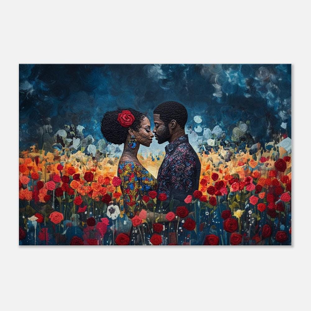 Quilted Black couple surrounded by roses, vibrant african american wall art showcasing love and beauty.