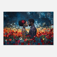 Quilted Black couple surrounded by roses, vibrant african american wall art showcasing love and beauty.