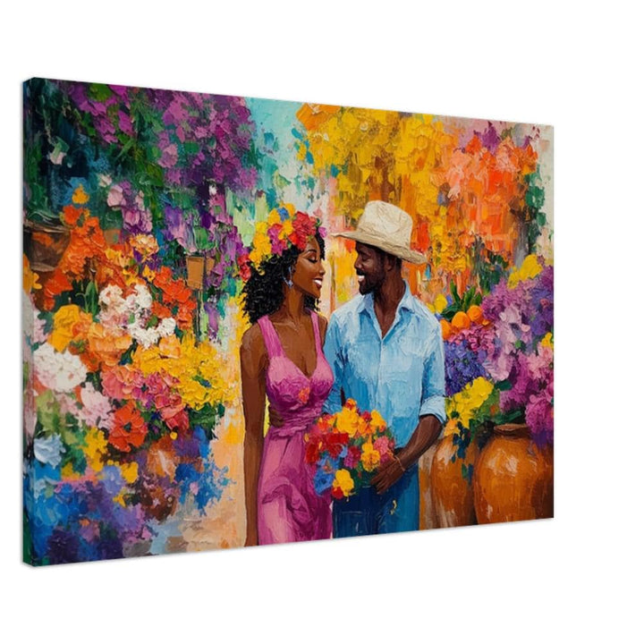 Caribbean Romance African American wall art canvas showcasing a vibrant tropical scene with warm colors and cultural elements.