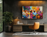 Vibrant abstract painting featuring silhouettes, perfect as african american wall art for modern interiors.