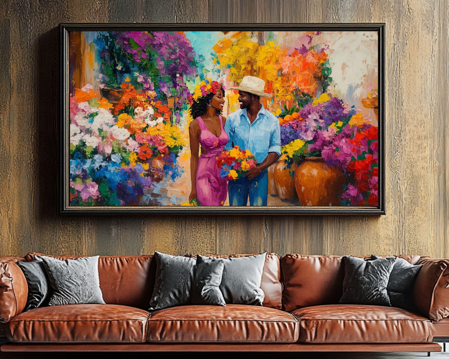 Lois Mailou Jones Inspired Caribbean Couple Canvas Art, Floral Romance Wall Decor, Valentine’s Day Gift