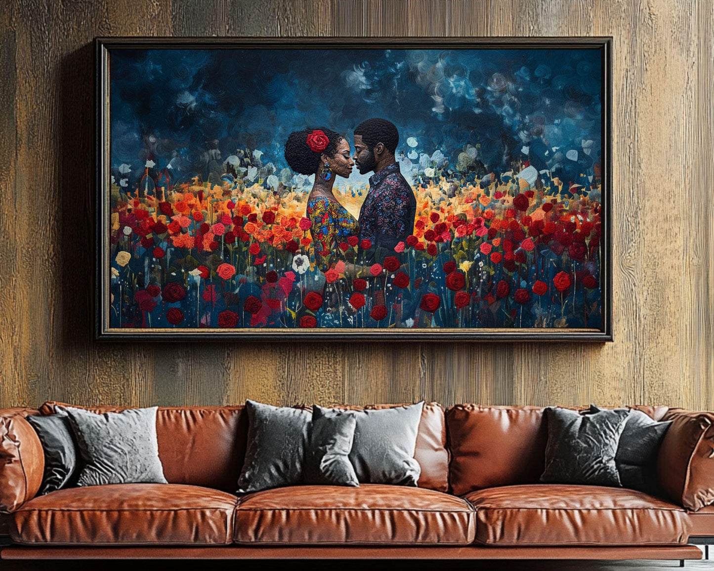 Bisa Butler Inspired Black Couple in Roses Canvas Art, Romantic Wall Decor, Valentine’s Day Gift