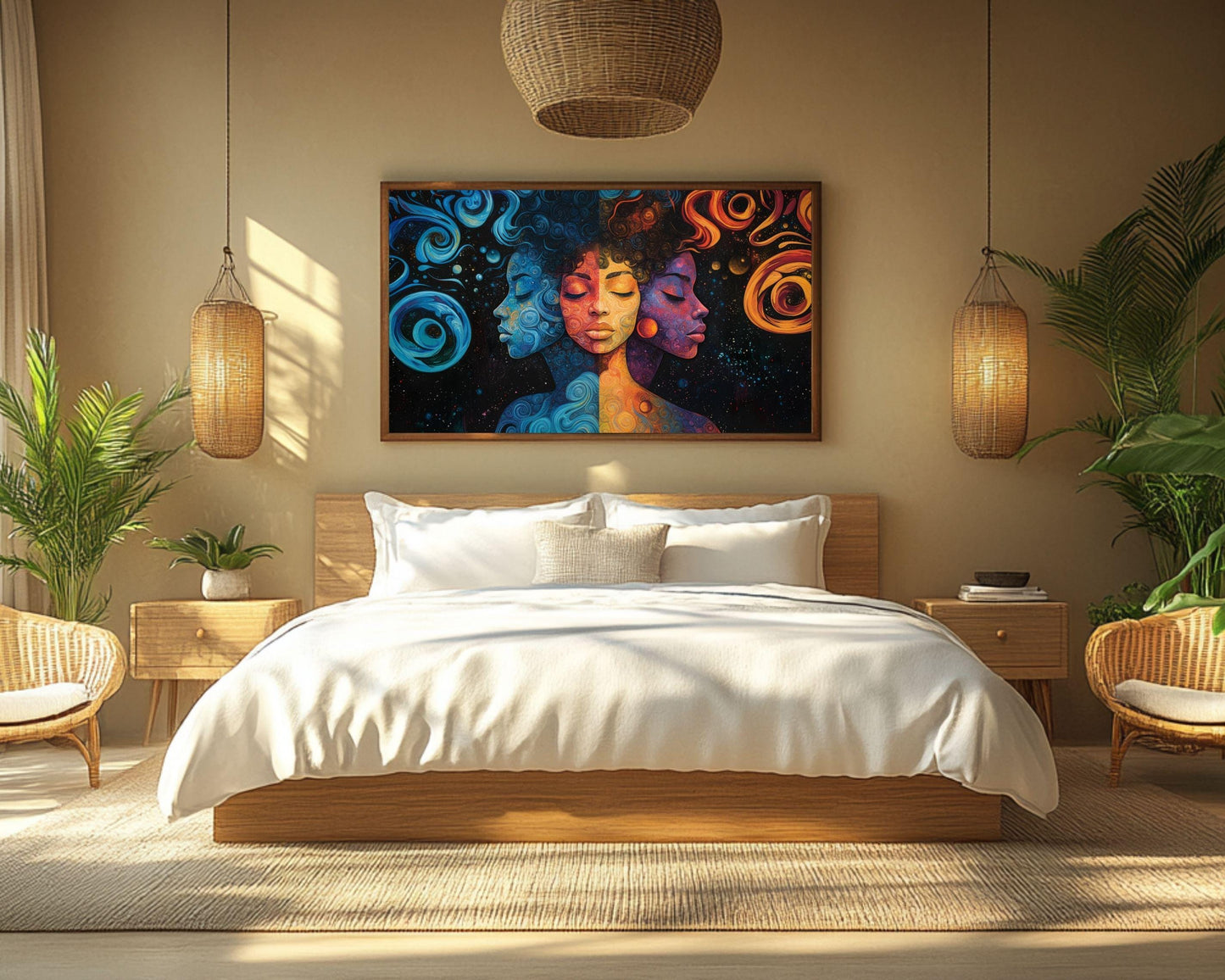 Cosmic Reflections - Abstract Faces Framed Canvas Wall Art for Bedroom or Living Room, Spiritual Gift