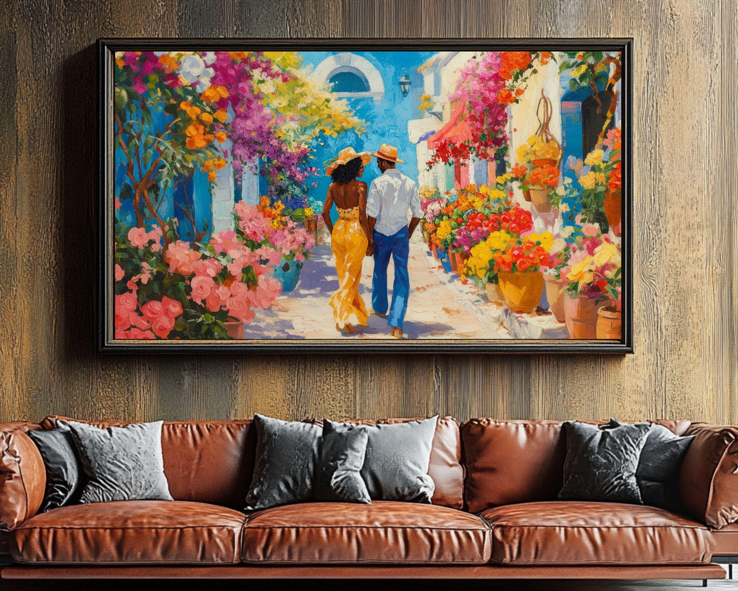 Romantic Caribbean Walk - Framed Canvas Wall Art for Living Room or Bedroom Housewarming Gift