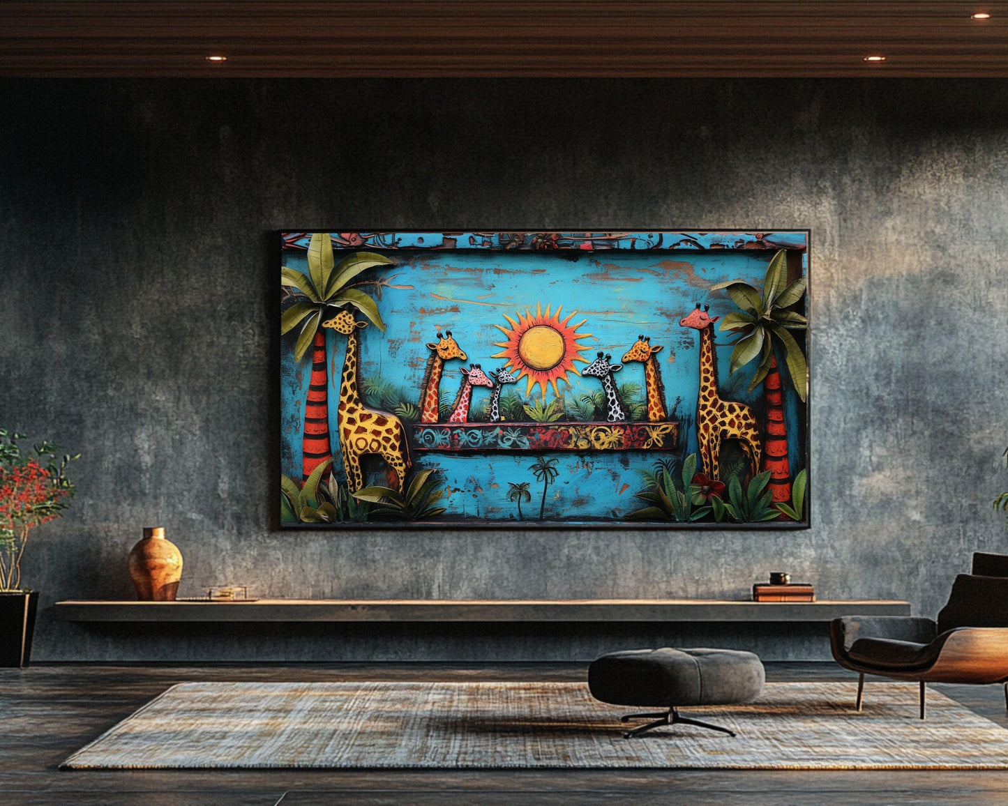 Colorful Giraffes Haitian Folk Art African American Wall Canvas