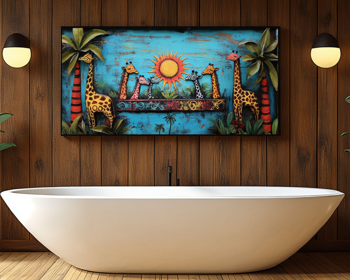 Colorful Giraffes Haitian Folk Art African American Wall Canvas