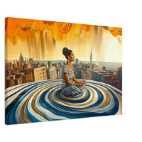 Meditative Black Woman Urban Abstract canvas art for modern spaces, showcasing vibrant colors and cultural expression.