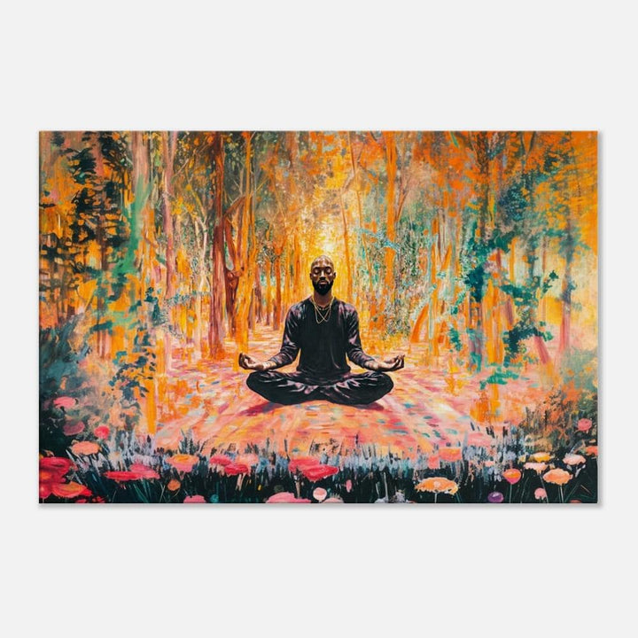 Meditative Black Man canvas art, celebrating African American culture and serenity through vibrant colors and intricate details.