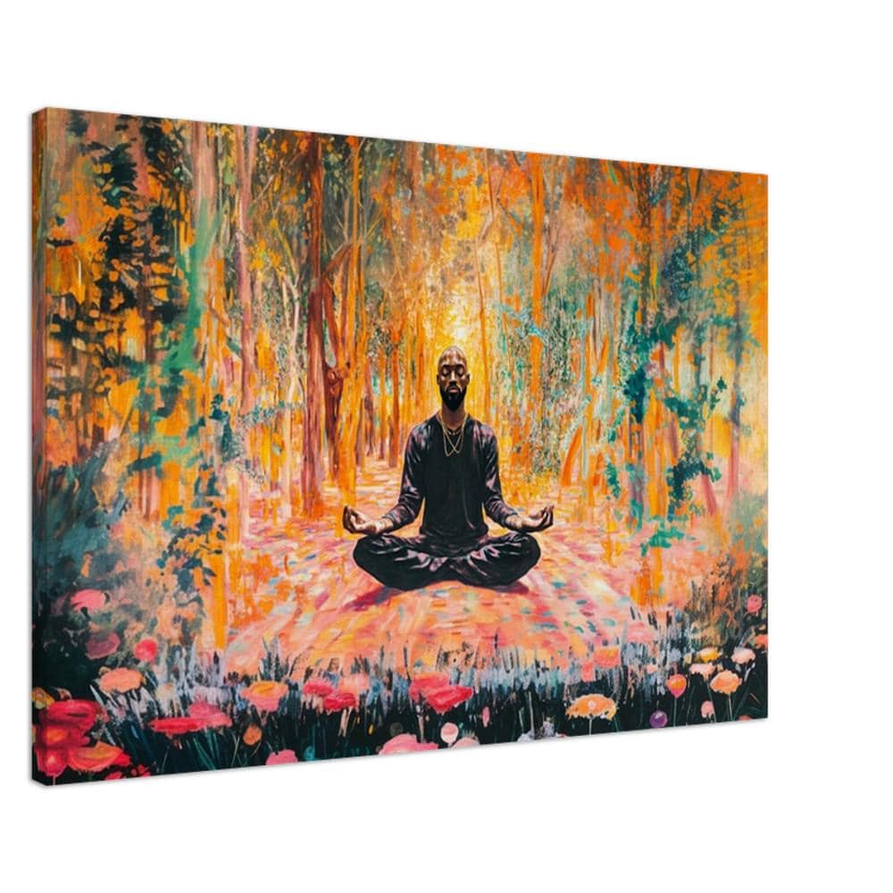 Black Man Meditation Canvas Art - Forest Floral Wall Decor for Living Room or Yoga Room - Peaceful Gift Idea