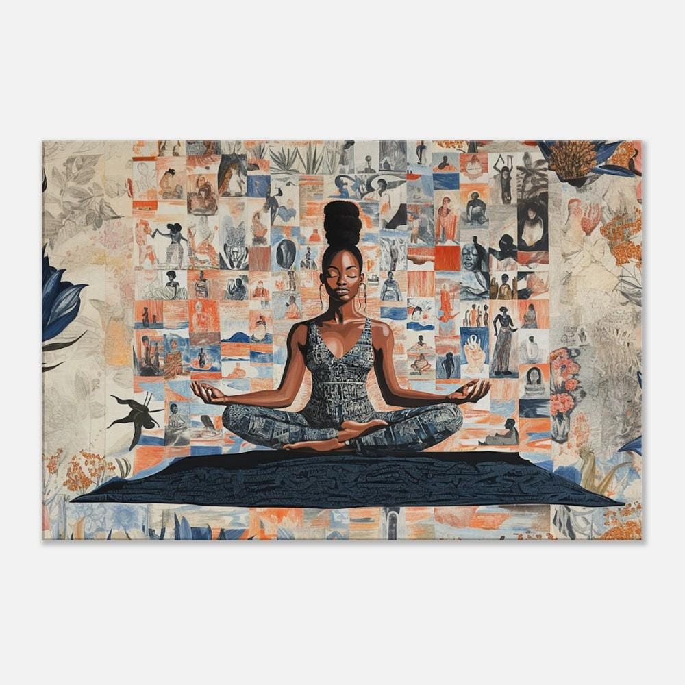 Black Woman Meditation Canvas Art - Floral Collage Wall Decor for Living Room or Office - Inspirational Gift Idea