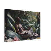 Tropical Meditative Black Man canvas art, showcasing vibrant colors and cultural depth for your African American wall art collection.