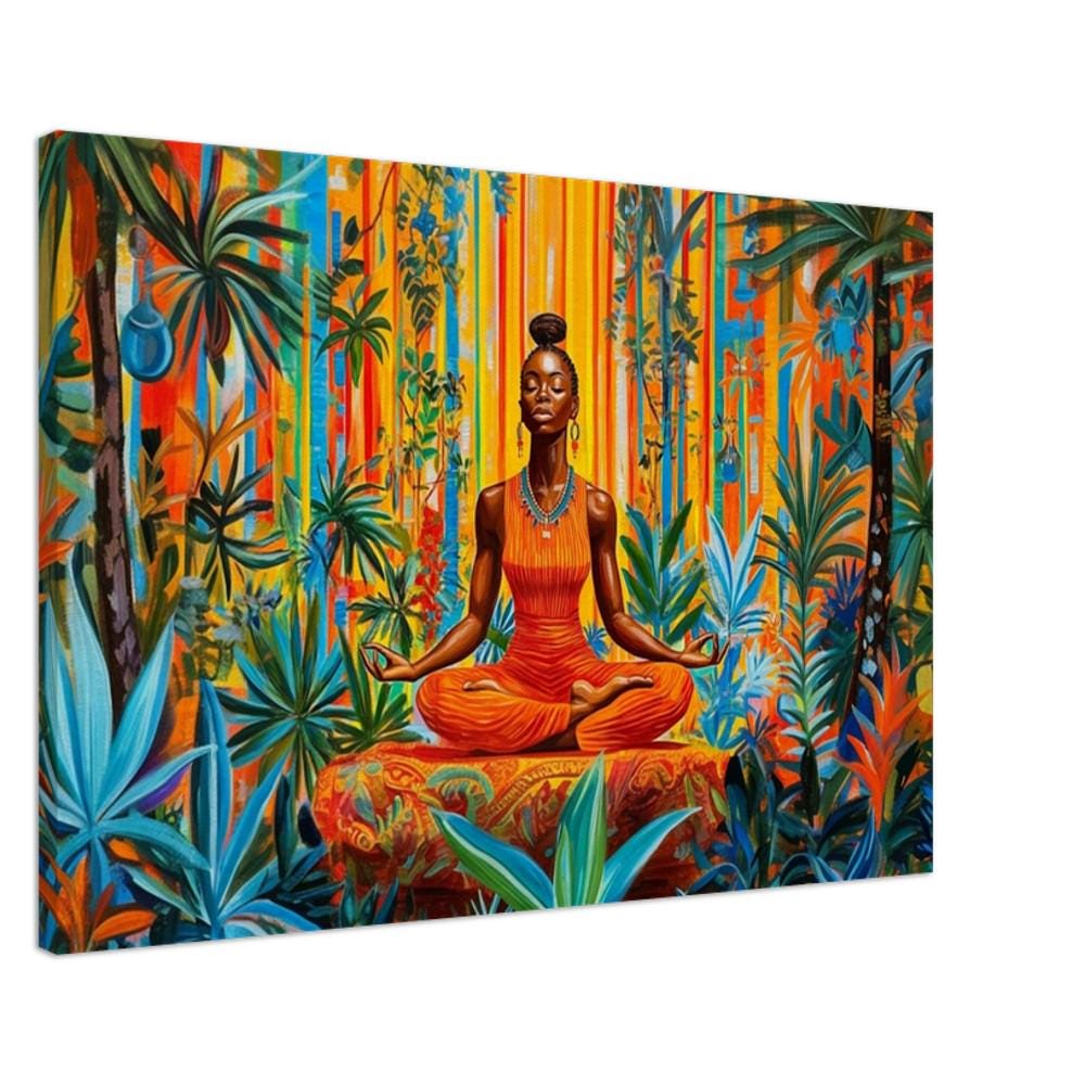 Black woman meditating in a lush jungle setting, vibrant colors capturing the essence of african american wall art.