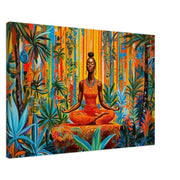 Black woman meditating in a lush jungle setting, vibrant colors capturing the essence of african american wall art.
