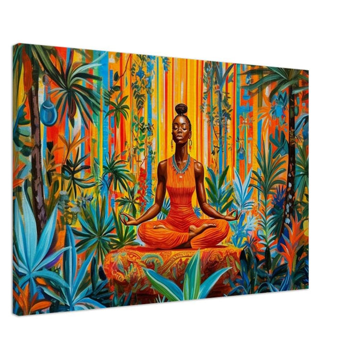 Black woman meditating in a lush jungle setting, vibrant colors capturing the essence of african american wall art.
