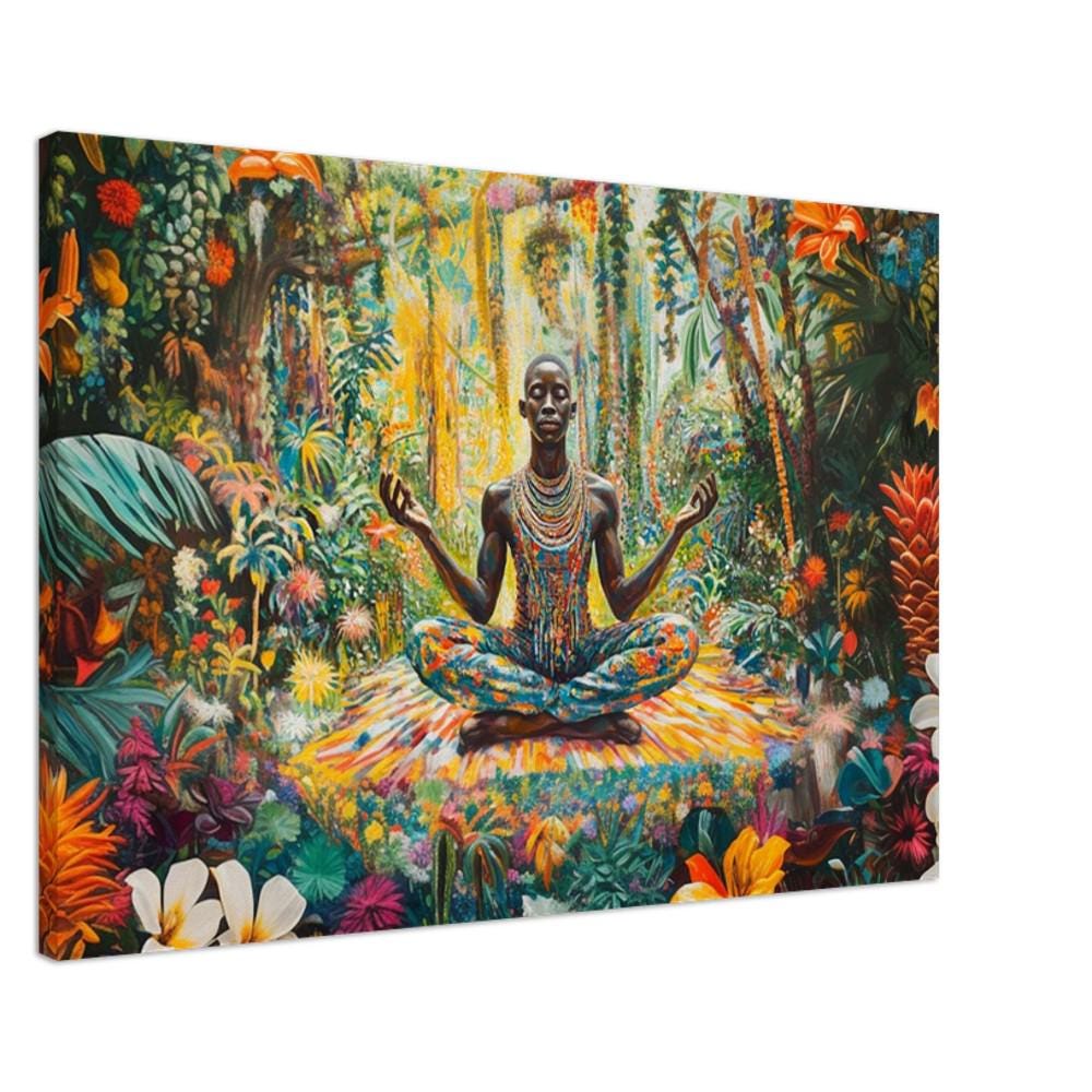Meditative Black man surrounded by tropical foliage in this vibrant African American wall art canvas.