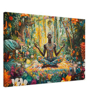 Meditative Black man surrounded by tropical foliage in this vibrant African American wall art canvas.