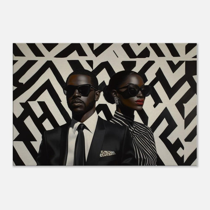 Modern Black couple geometric canvas art, vibrant and stylish, perfect as African American wall art for contemporary decor.