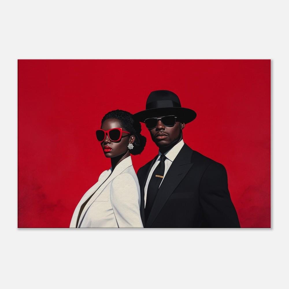 Stylish black couple canvas art featuring vibrant red hues, perfect as african american wall art for contemporary decor.
