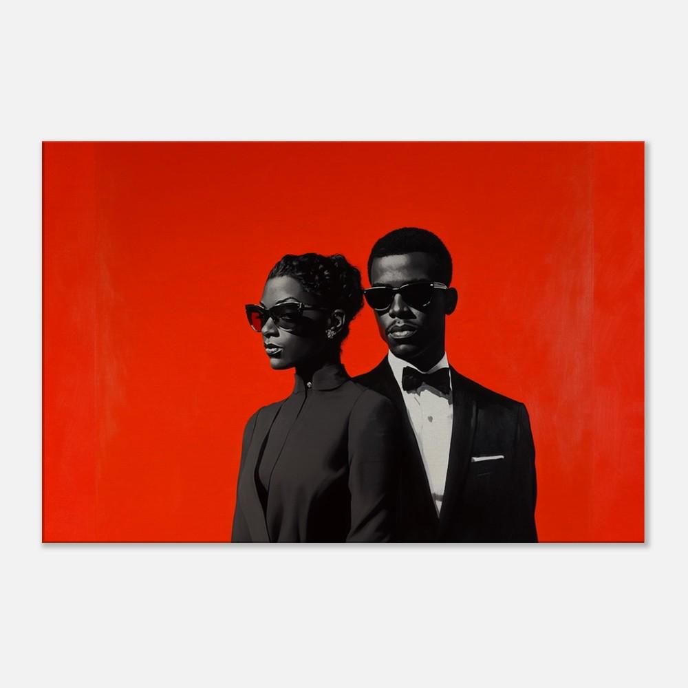 Black Couple in Formal Black Attire | Barkley L. Hendricks Inspired Red Backdrop Art | Modern Canvas Wall Decor | Black Love Art